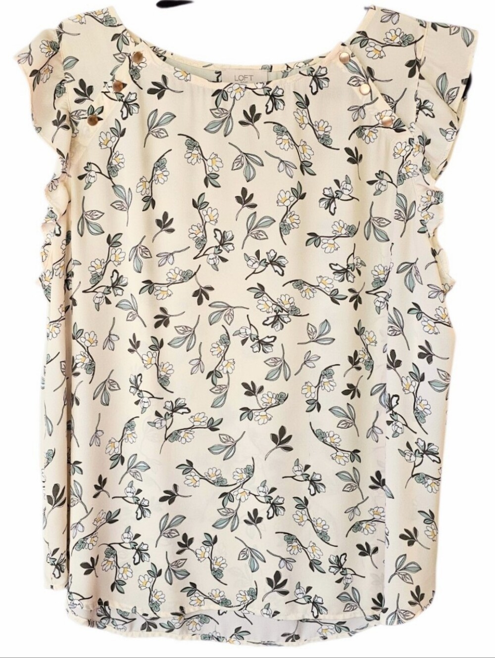 LOFT Floral Blouse XL Cap Sleeve Daisy Print Gold Shoulder Buttons Lightweight